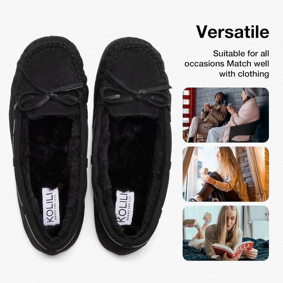 Women's All Black Faux Fur Warm Winter Cozy Rubber Sole Slippers Boot Shoes - Picture 5 of 6